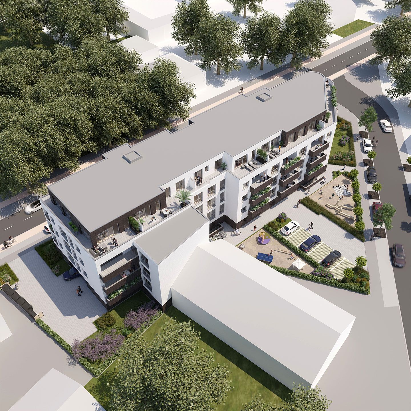 Moderne Wohnanlage mit Flachdach, Balkonen, Innenhof mit Spielplatz und geparkten Autos, umgeben von Bäumen.