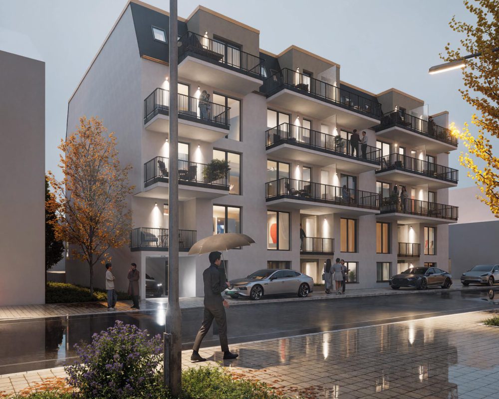 Ein modernes Wohngebäude bei Regen, Menschen auf Balkonen, ein Mann mit Regenschirm überquert die Straße.