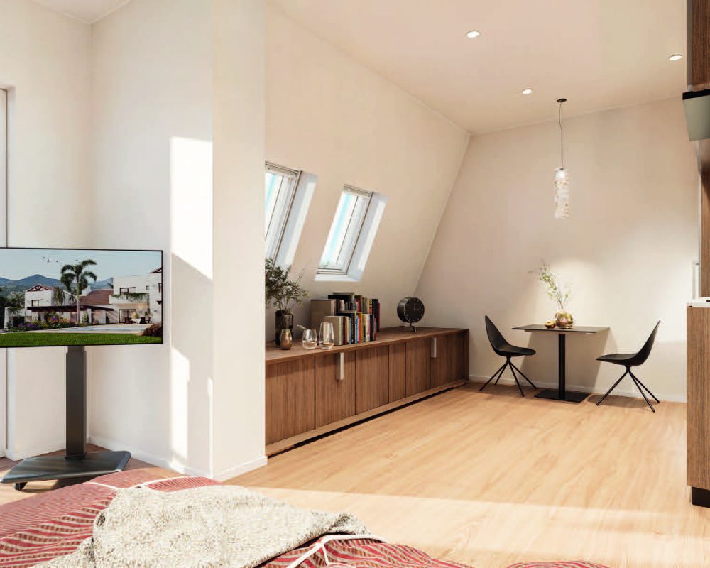 Modernes, helles Wohnzimmer mit offener Küche, Holzmöbeln, Esstisch, Sideboard und Fernseher.
