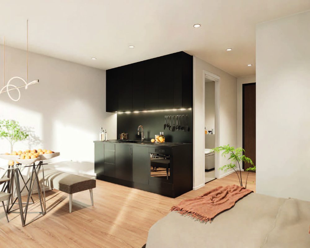 Modernes, minimalistisches Apartment mit offener Küche, Essbereich, Bett und Pflanzen. Ruhige Atmosphäre.