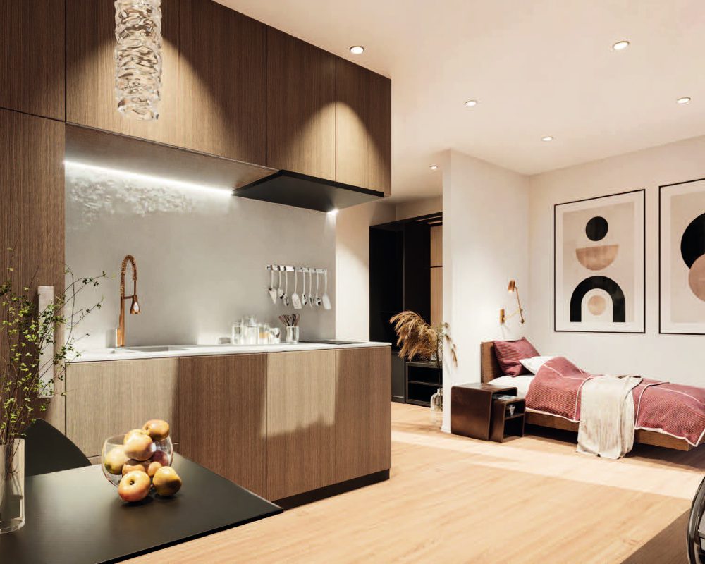 Moderner Wohnraum mit Küche, Esstisch und Bett; warme Holztöne und rötliche Akzente schaffen Gemütlichkeit.