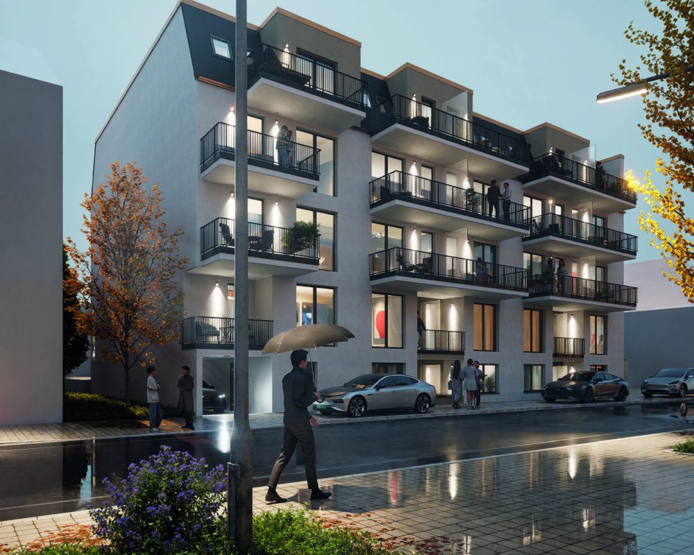 Städtische Szene bei Dämmerung: Menschen auf Balkonen, Mann mit Regenschirm, nasse Straße, warme Beleuchtung.