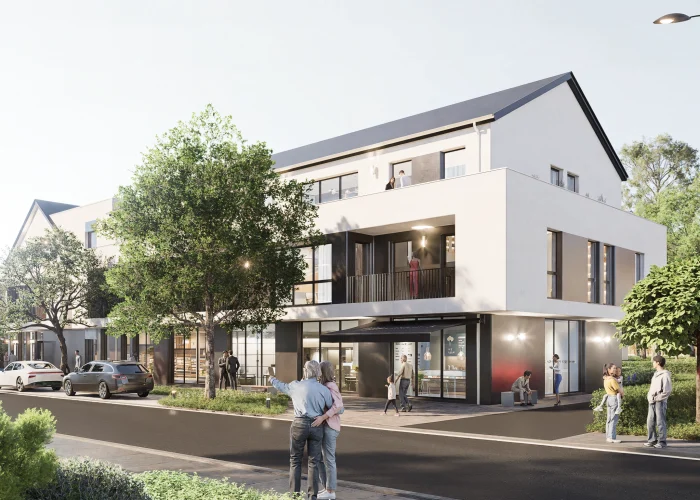 Modernes Wohn- und Geschäftshaus mit klaren Linien, großen Fenstern und Menschen auf der Straße.