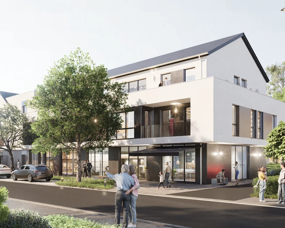 Modernes Wohn- und Geschäftshaus mit klaren Linien, großen Fenstern und Menschen auf der Straße.