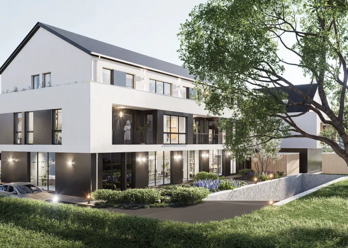 Modernes Wohngebäude in ruhiger, grüner Umgebung mit Personen auf Balkon und beim Auto.