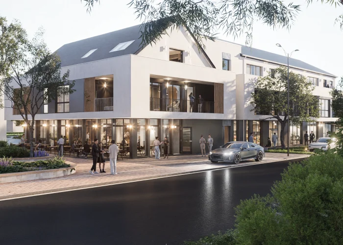 Modernes Gebäude mit großen Fenstern, Menschen entspannen draußen, warme Beleuchtung, urbane Atmosphäre.