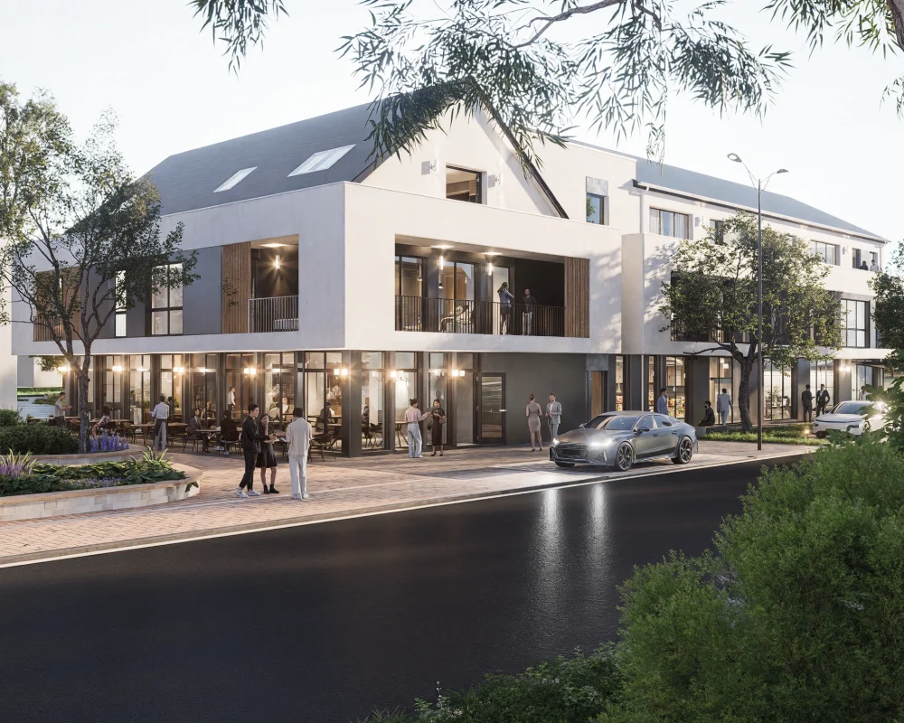Modernes Gebäude mit großen Fenstern, Menschen entspannen draußen, warme Beleuchtung, urbane Atmosphäre.