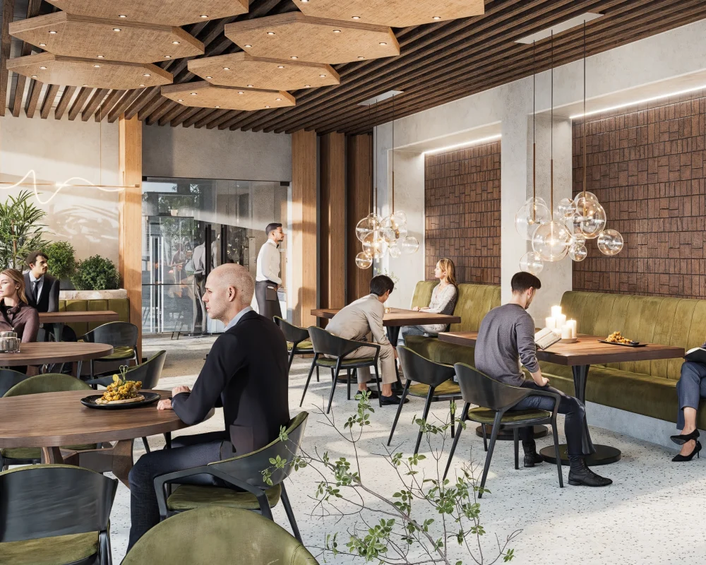 Modernes Café mit eleganter Einrichtung, Personen essen und lesen in entspannter, einladender Atmosphäre.
