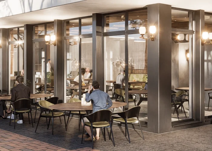 Moderne Caféterrasse mit Holztischen, Menschen in Gesprächen, warme Beleuchtung, entspannte Atmosphäre.