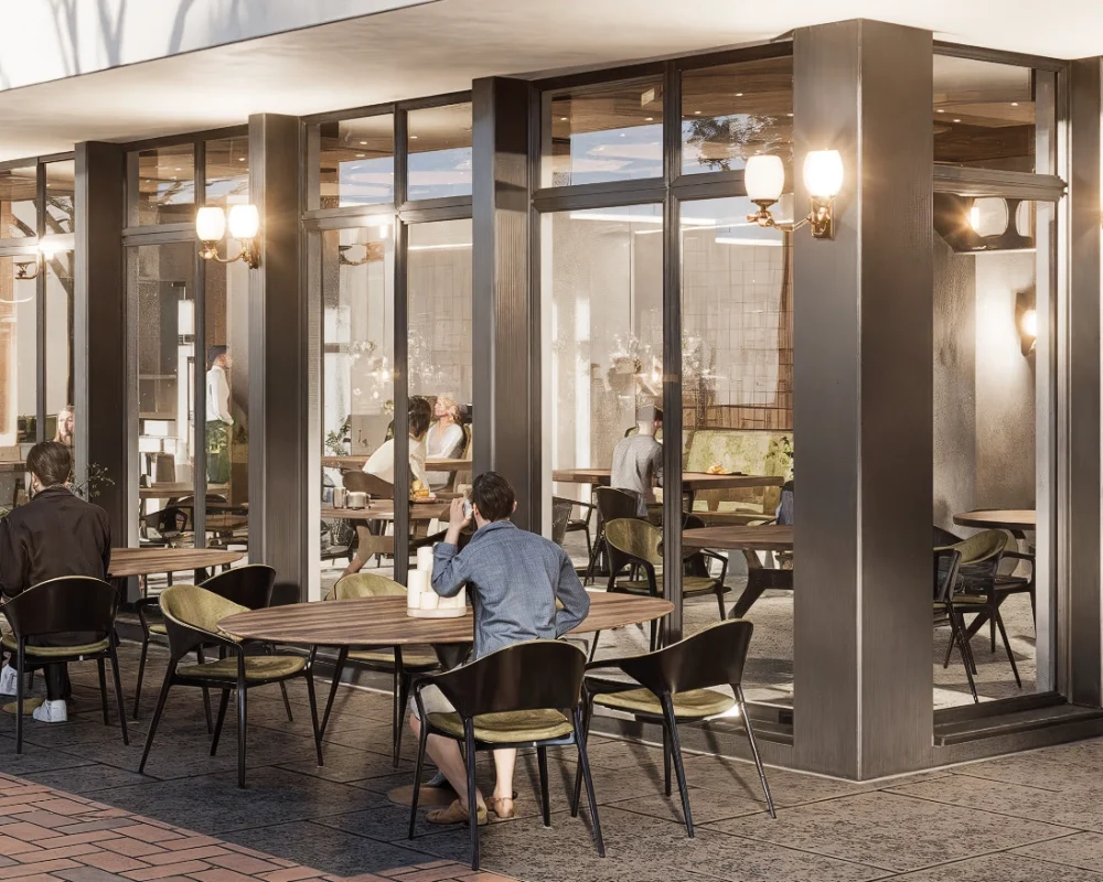 Moderne Caféterrasse mit Holztischen, Menschen in Gesprächen, warme Beleuchtung, entspannte Atmosphäre.