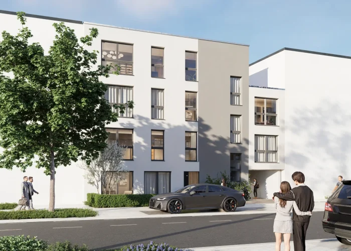 Moderne Wohnszene: Paar betrachtet Gebäude, Menschen auf Gehweg, Autos geparkt, ruhige Stadtatmosphäre.